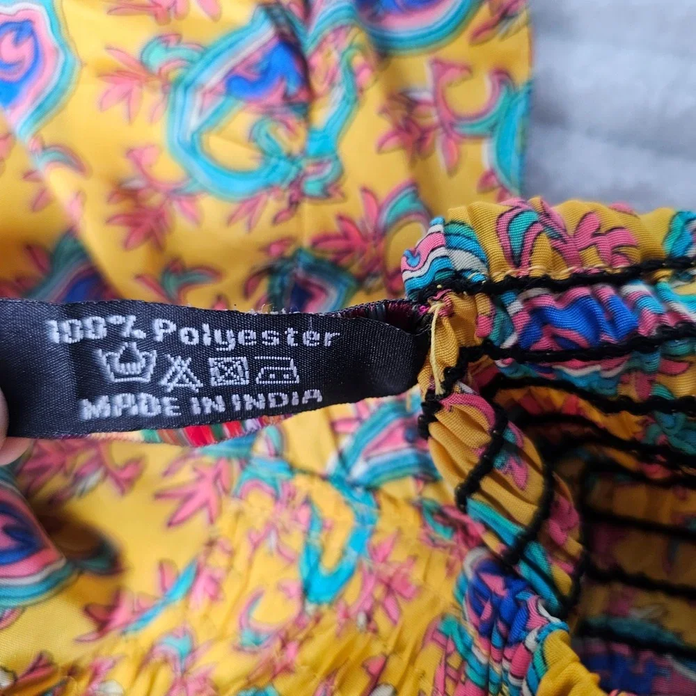 ME2MAGIC Yellow Paisley Smocked Maxi Dress‎ Square Neck Balloon Sleeve Boho M - Picture 7 of 12